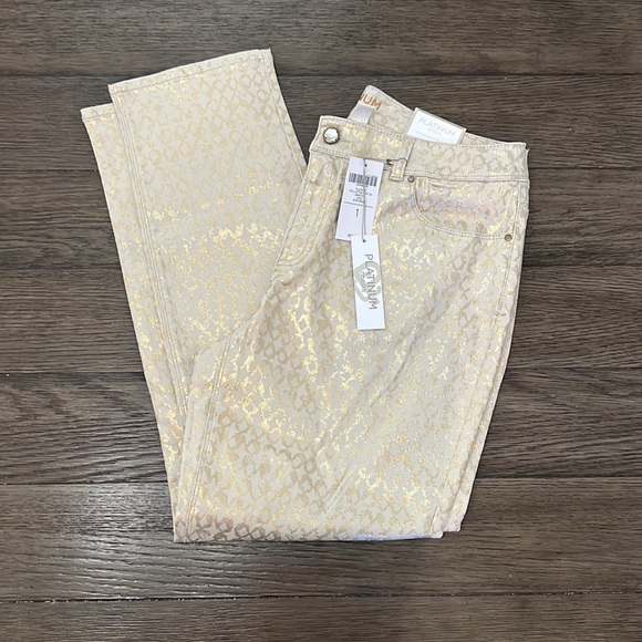 Chicos beige platinum denim ankle pants with metallic gold lattice design - Picture 13 of 16
